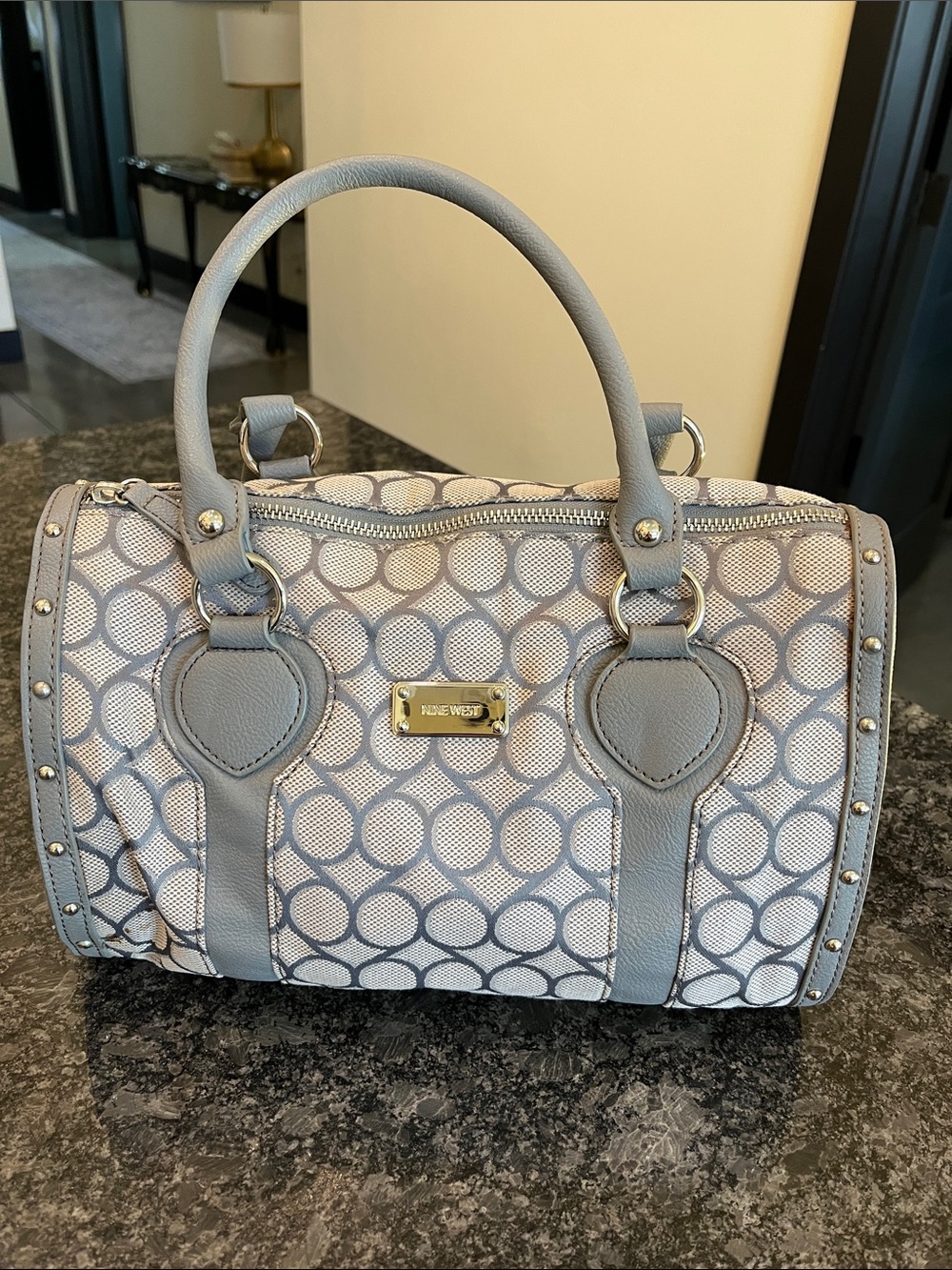 Nine West Gray Circle-Print Satchel with Gold Accent Plate(P26)